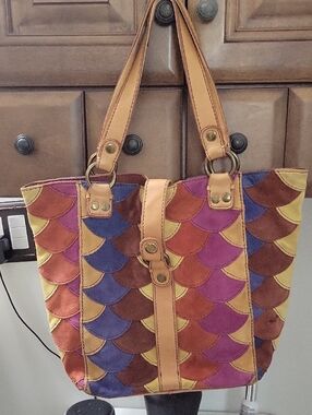 Lucky Brand Multicolor Scallop Patchwork Tote in Pink, Purple, Blue, Brown, Gold